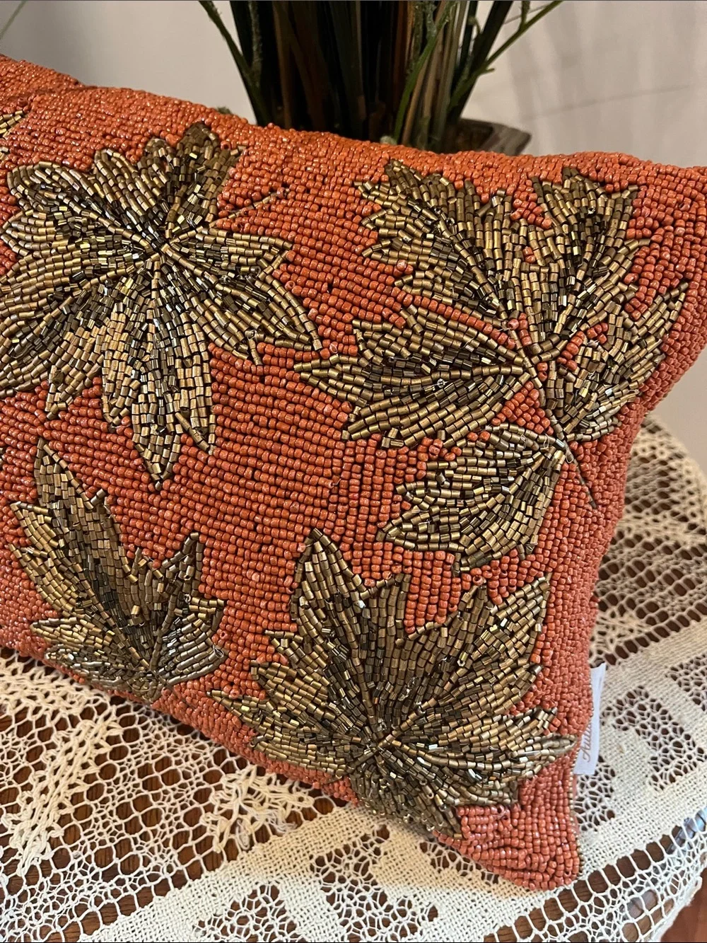 Autumn Hill Orange with Gold Leaves Ornate Beaded Accent Pillow Fall Decor